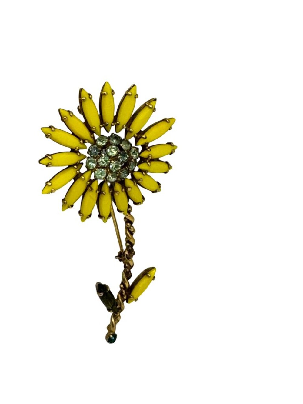 Vintage Weiss Yellow Poured Glass RARE Rhinestone Flower Daisy Brooch Pin 3.5”